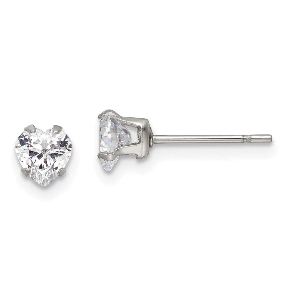 SRE1076 Chisel Stainless Steel Polished 5mm Heart CZ Stud Post Earrings