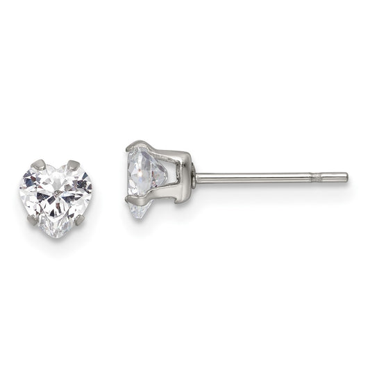 SRE1076 Chisel Stainless Steel Polished 5mm Heart CZ Stud Post Earrings