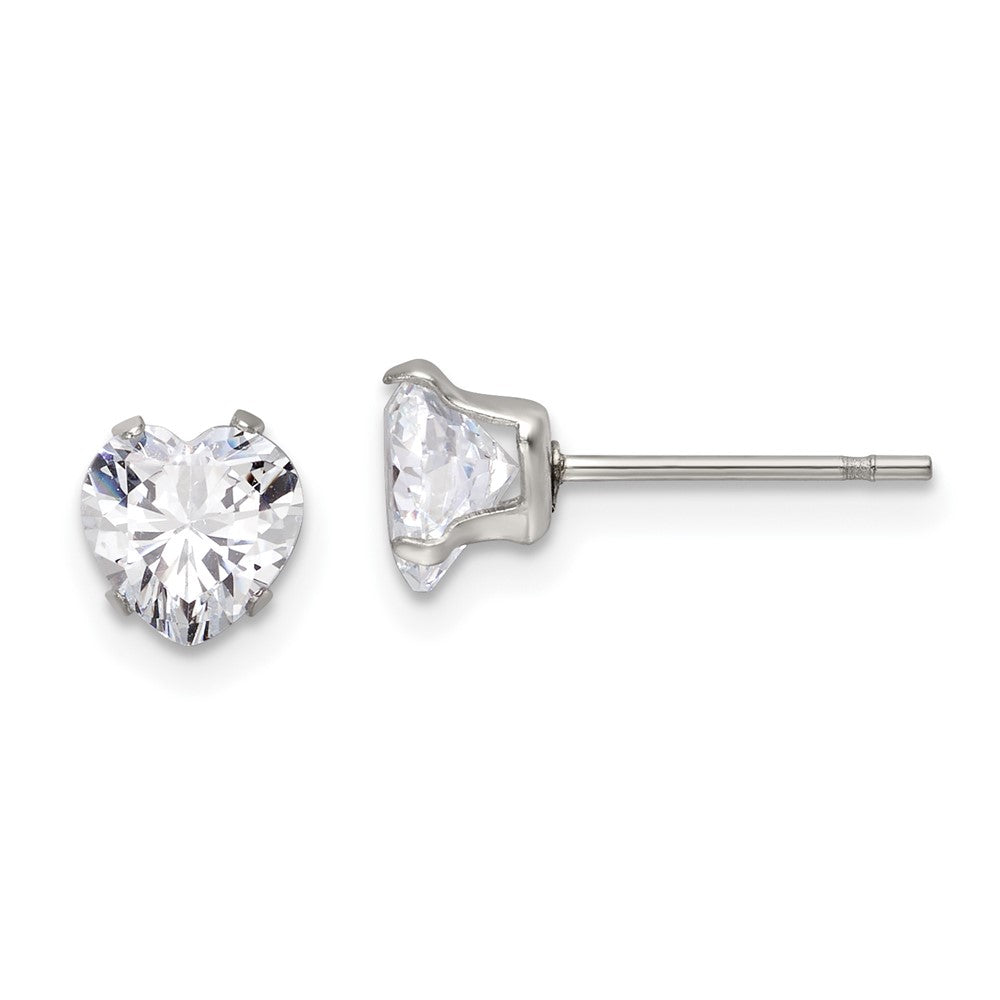 SRE1077 Chisel Stainless Steel Polished 6mm Heart CZ Stud Post Earrings