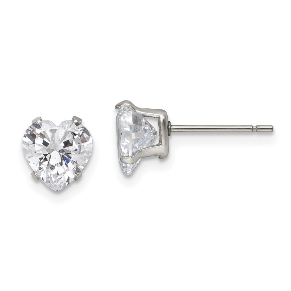 SRE1078 Chisel Stainless Steel Polished 7mm Heart CZ Stud Post Earrings