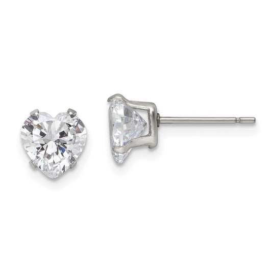 SRE1078 Chisel Stainless Steel Polished 7mm Heart CZ Stud Post Earrings