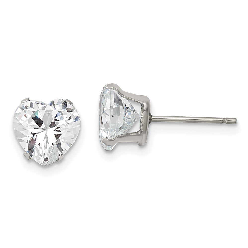 SRE1079 Chisel Stainless Steel Polished 8mm Heart CZ Stud Post Earrings