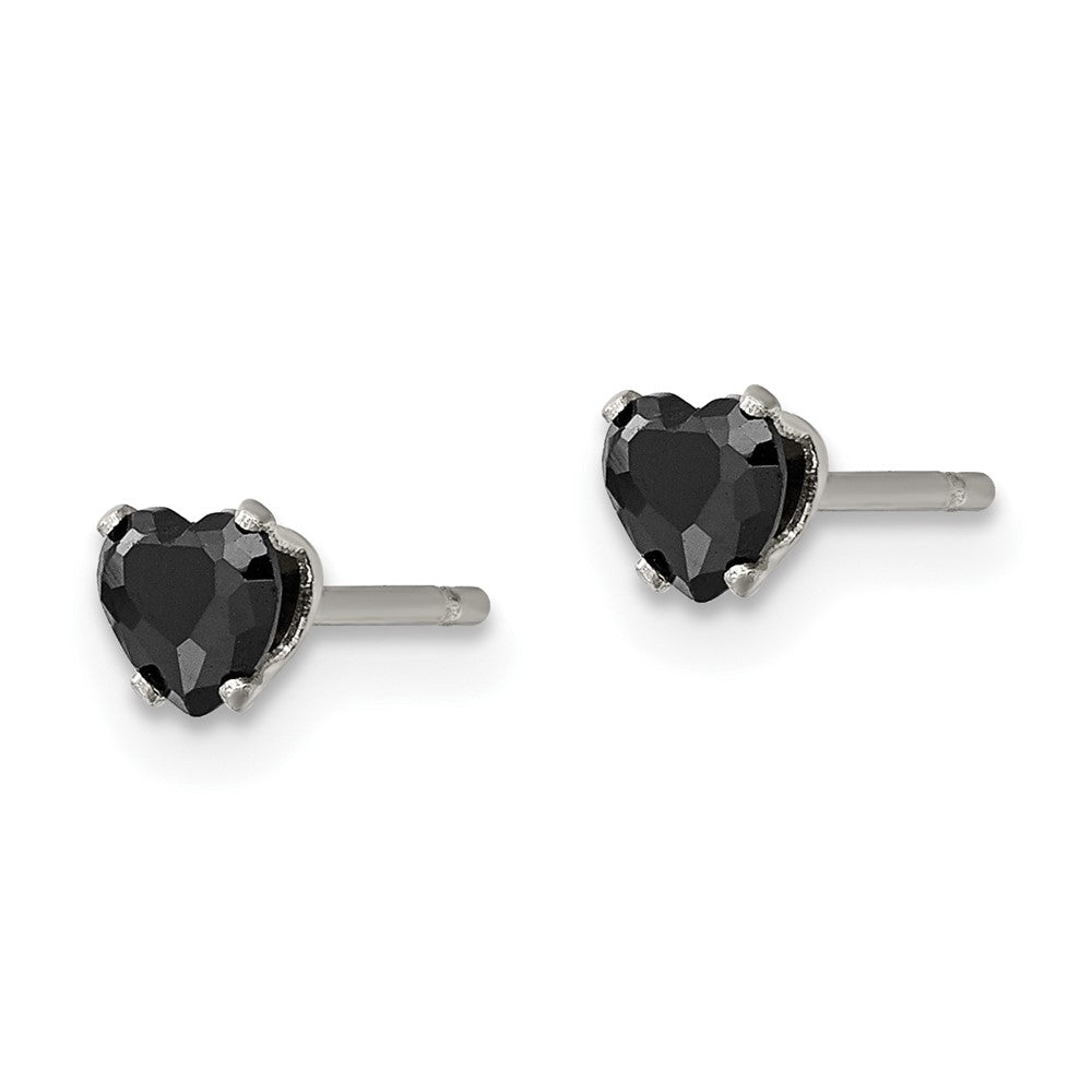 SRE1080 Chisel Stainless Steel Polished 4mm Black Heart CZ Stud Post Earrings