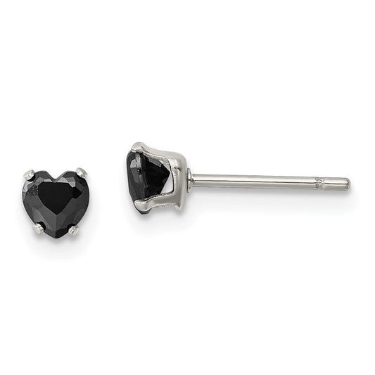 SRE1080 Chisel Stainless Steel Polished 4mm Black Heart CZ Stud Post Earrings