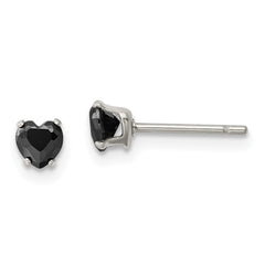 SRE1080 Chisel Stainless Steel Polished 4mm Black Heart CZ Stud Post Earrings