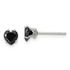 SRE1081 Chisel Stainless Steel Polished 5mm Black Heart CZ Stud Post Earrings