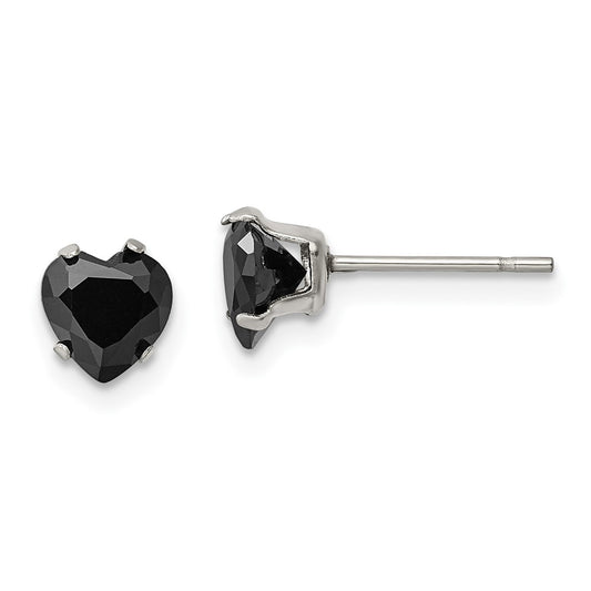 SRE1082 Chisel Stainless Steel Polished 6mm Black Heart CZ Stud Post Earrings