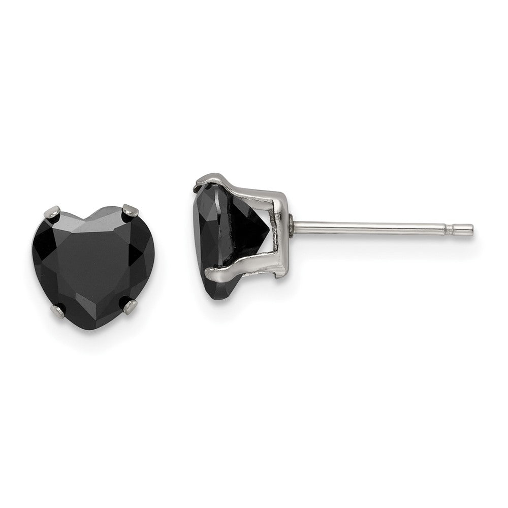 SRE1083 Chisel Stainless Steel Polished 7mm Black Heart CZ Stud Post Earrings