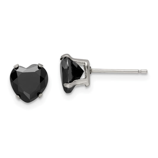 SRE1083 Chisel Stainless Steel Polished 7mm Black Heart CZ Stud Post Earrings
