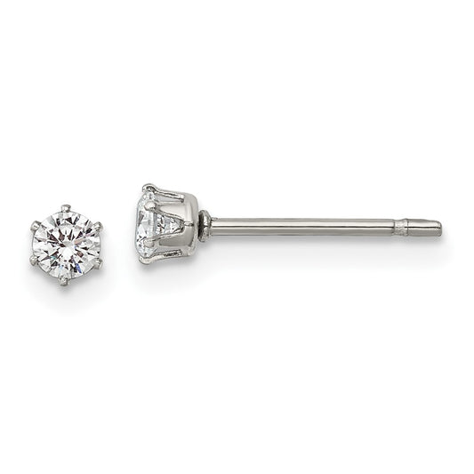 SRE1086 Chisel Stainless Steel Polished 3mm Round CZ Stud Post Earrings