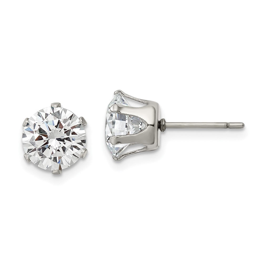 SRE1087 Chisel Stainless Steel Polished 8mm Round CZ Stud Post Earrings