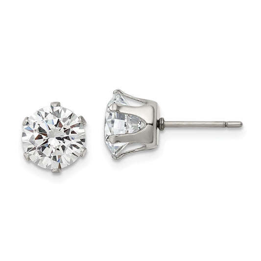 SRE1087 Chisel Stainless Steel Polished 8mm Round CZ Stud Post Earrings