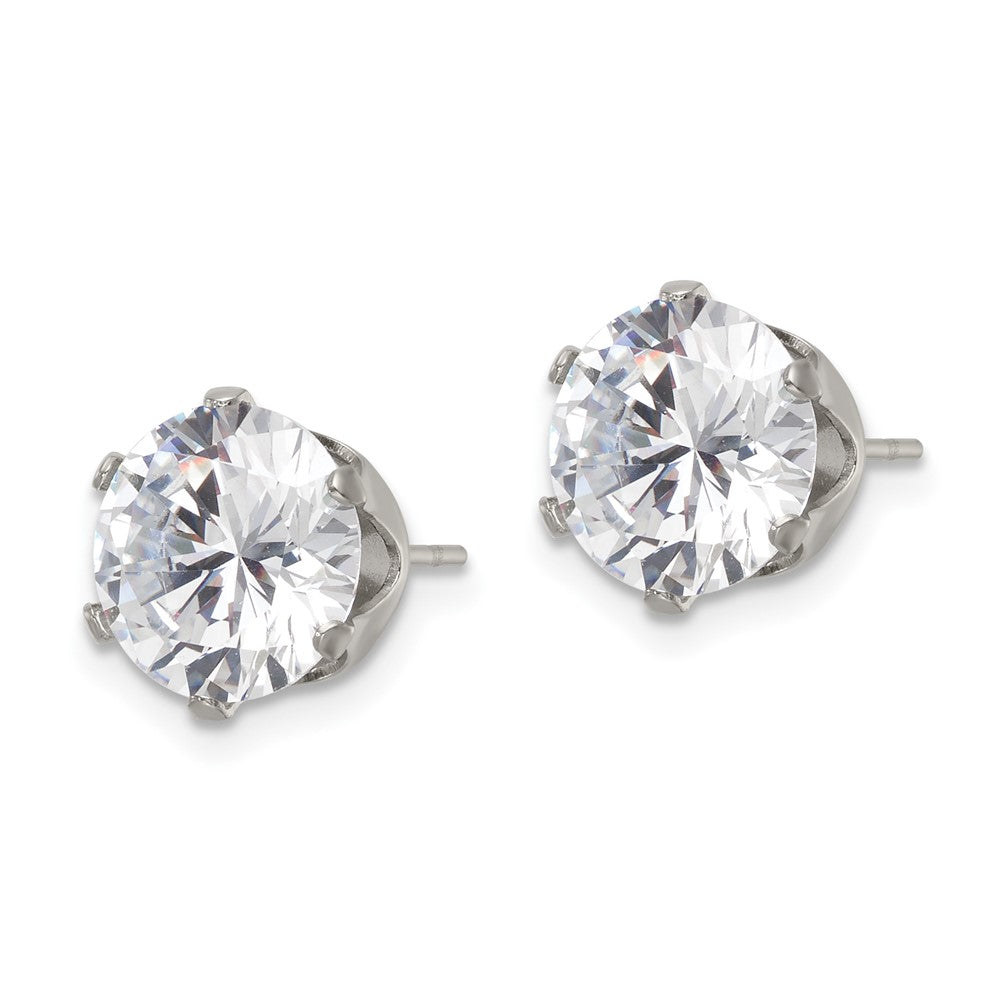 SRE1088 Chisel Stainless Steel Polished 9mm Round CZ Stud Post Earrings