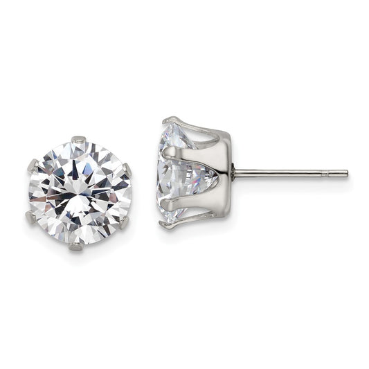 SRE1088 Chisel Stainless Steel Polished 9mm Round CZ Stud Post Earrings