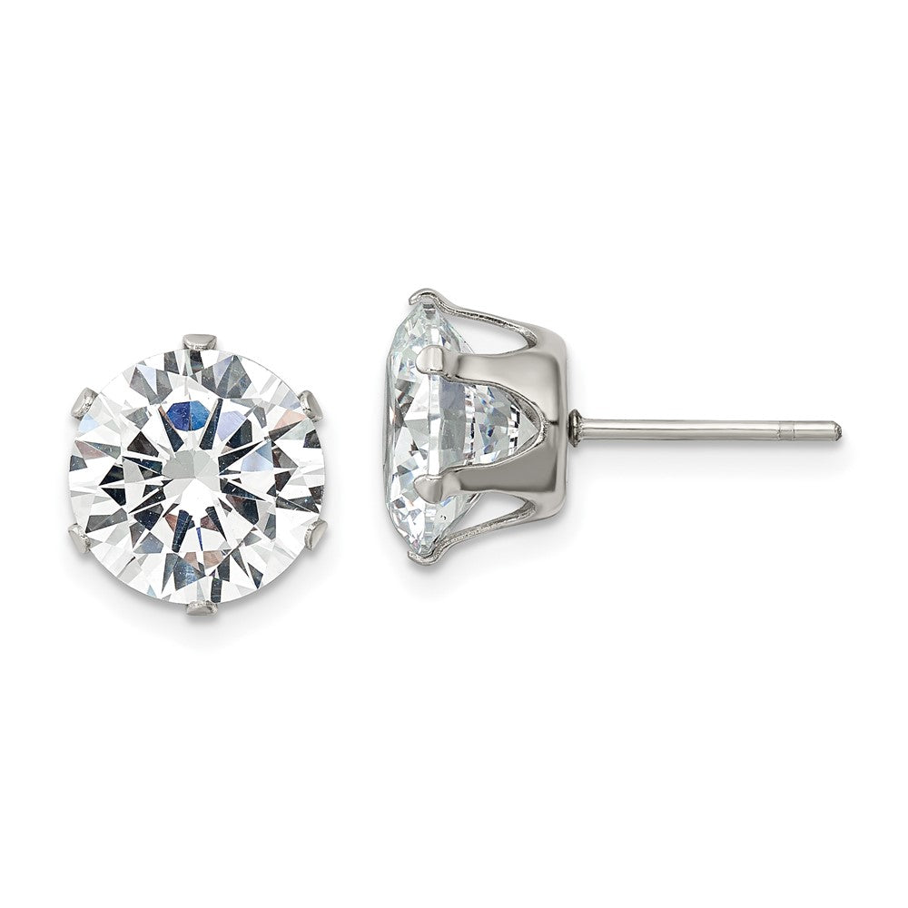 SRE1089 Chisel Stainless Steel Polished 10mm Round CZ Stud Post Earrings