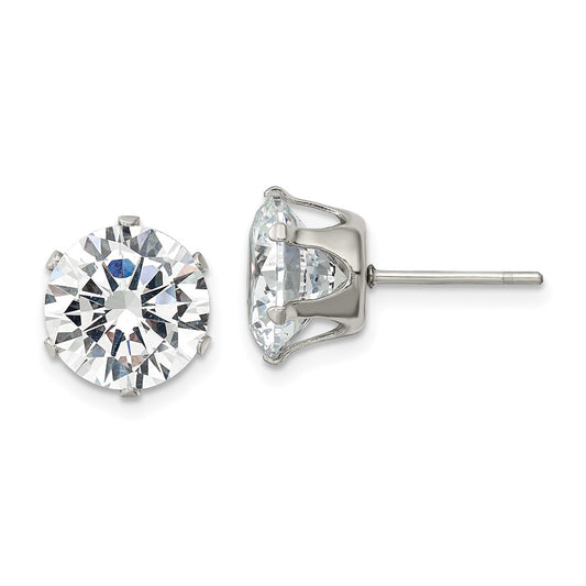 SRE1089 Chisel Stainless Steel Polished 10mm Round CZ Stud Post Earrings