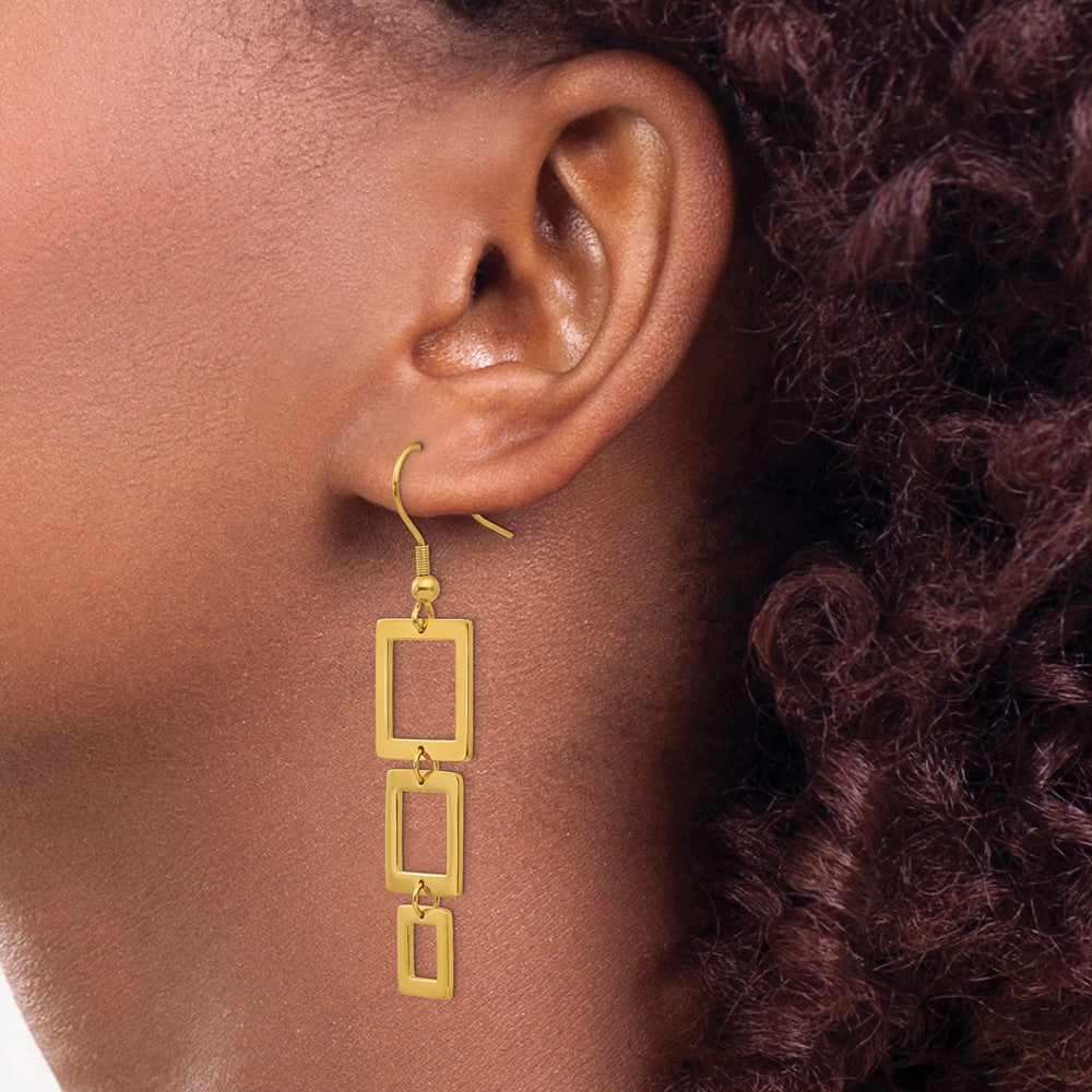 SRE109 Chisel Stainless Steel Polished Yellow IP-plated Squares Dangle Shepherd Hook Earrings