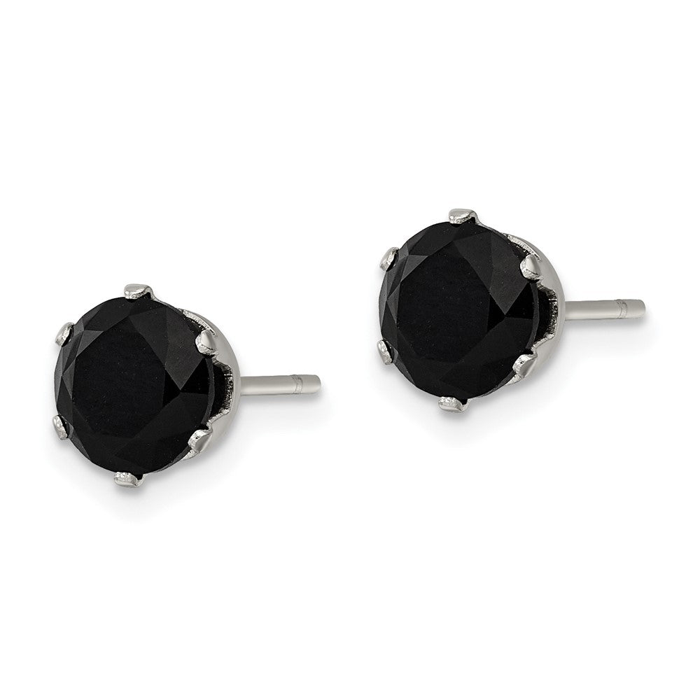 SRE1094 Chisel Stainless Steel Polished 7mm Black Round CZ Stud Post Earrings