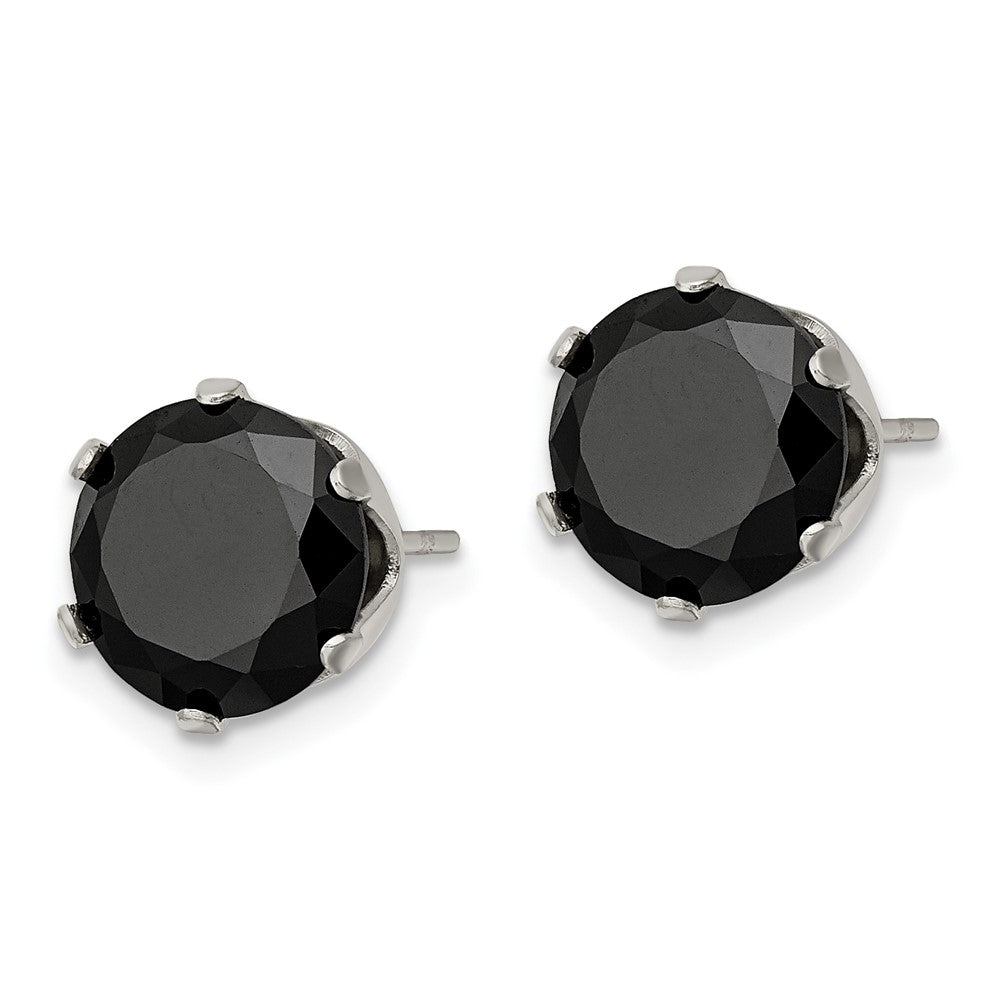 SRE1096 Chisel Stainless Steel Polished 9mm Black Round CZ Stud Post Earrings