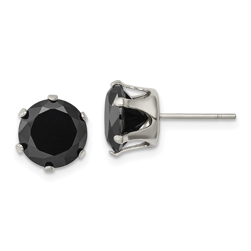 SRE1096 Chisel Stainless Steel Polished 9mm Black Round CZ Stud Post Earrings
