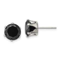 SRE1096 Chisel Stainless Steel Polished 9mm Black Round CZ Stud Post Earrings