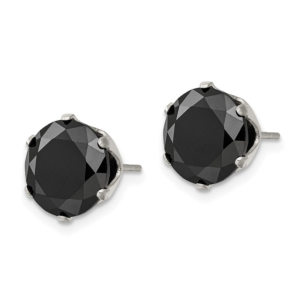 SRE1097 Chisel Stainless Steel Polished 10mm Black Round CZ Stud Post Earrings