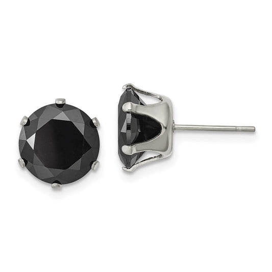 SRE1097 Chisel Stainless Steel Polished 10mm Black Round CZ Stud Post Earrings