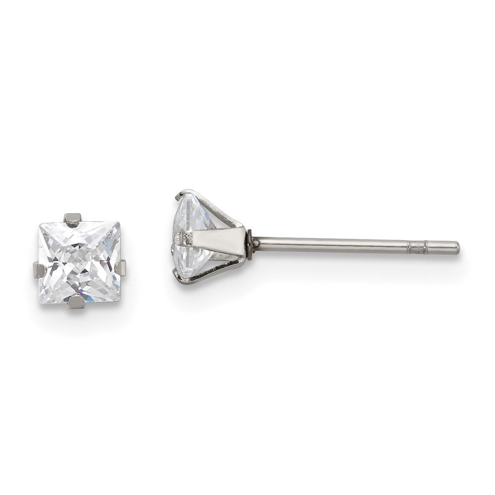 SRE1100 Chisel Stainless Steel Polished 4mm Square CZ Stud Post Earrings