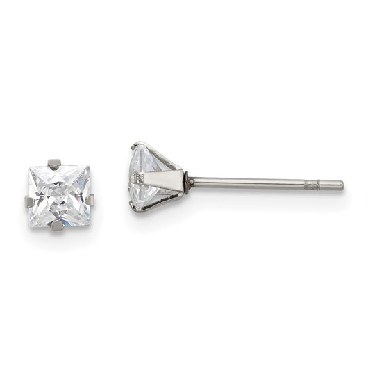 SRE1100 Chisel Stainless Steel Polished 4mm Square CZ Stud Post Earrings