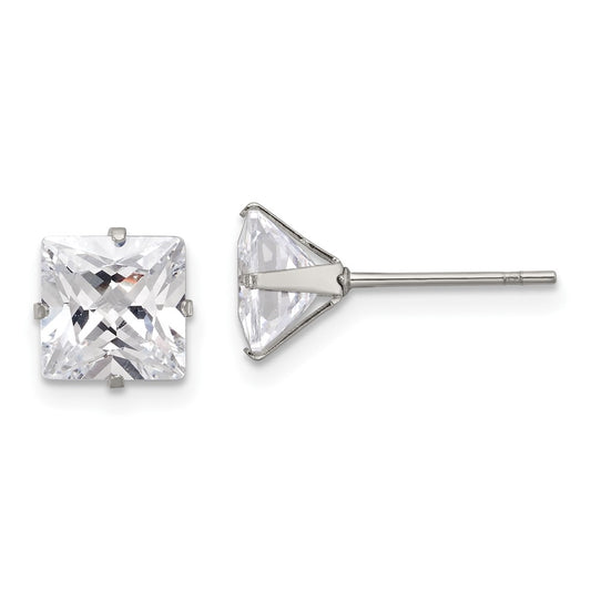 SRE1103 Chisel Stainless Steel Polished 7mm Square CZ Stud Post Earrings
