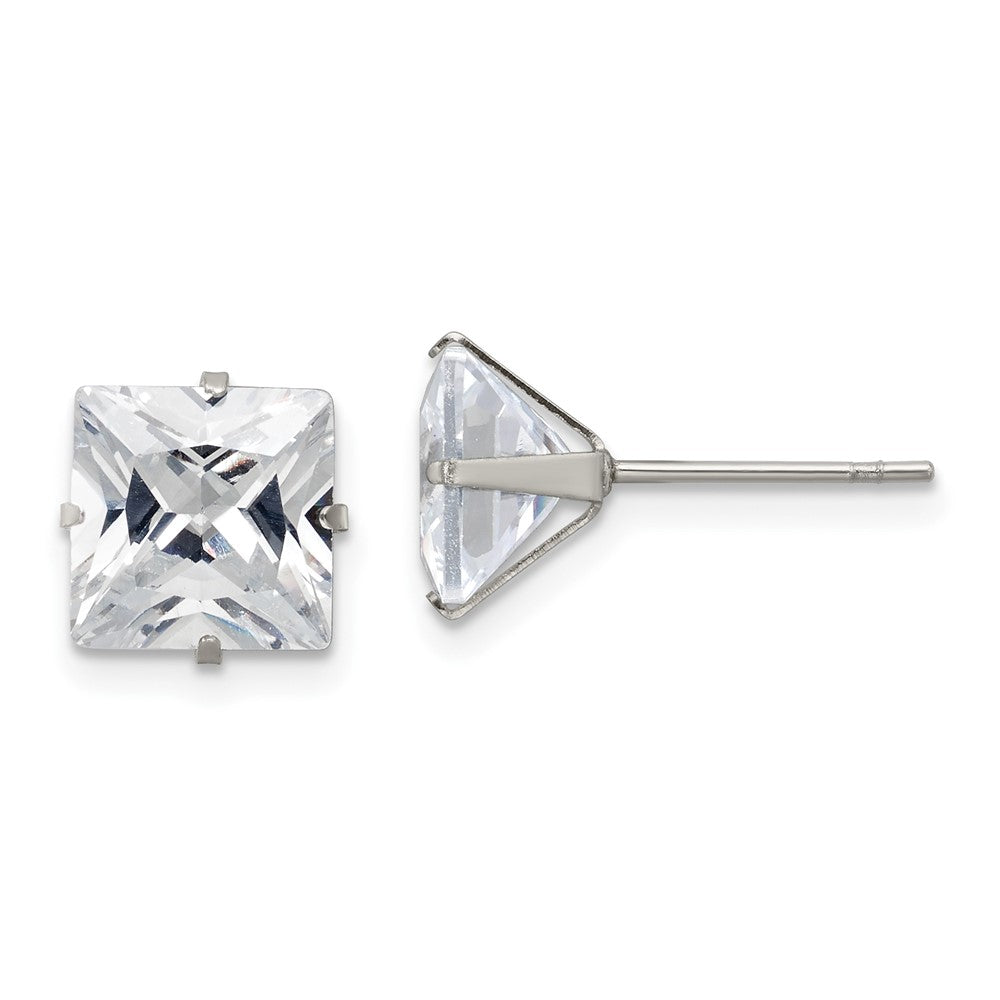 SRE1104 Chisel Stainless Steel Polished 8mm Square CZ Stud Post Earrings