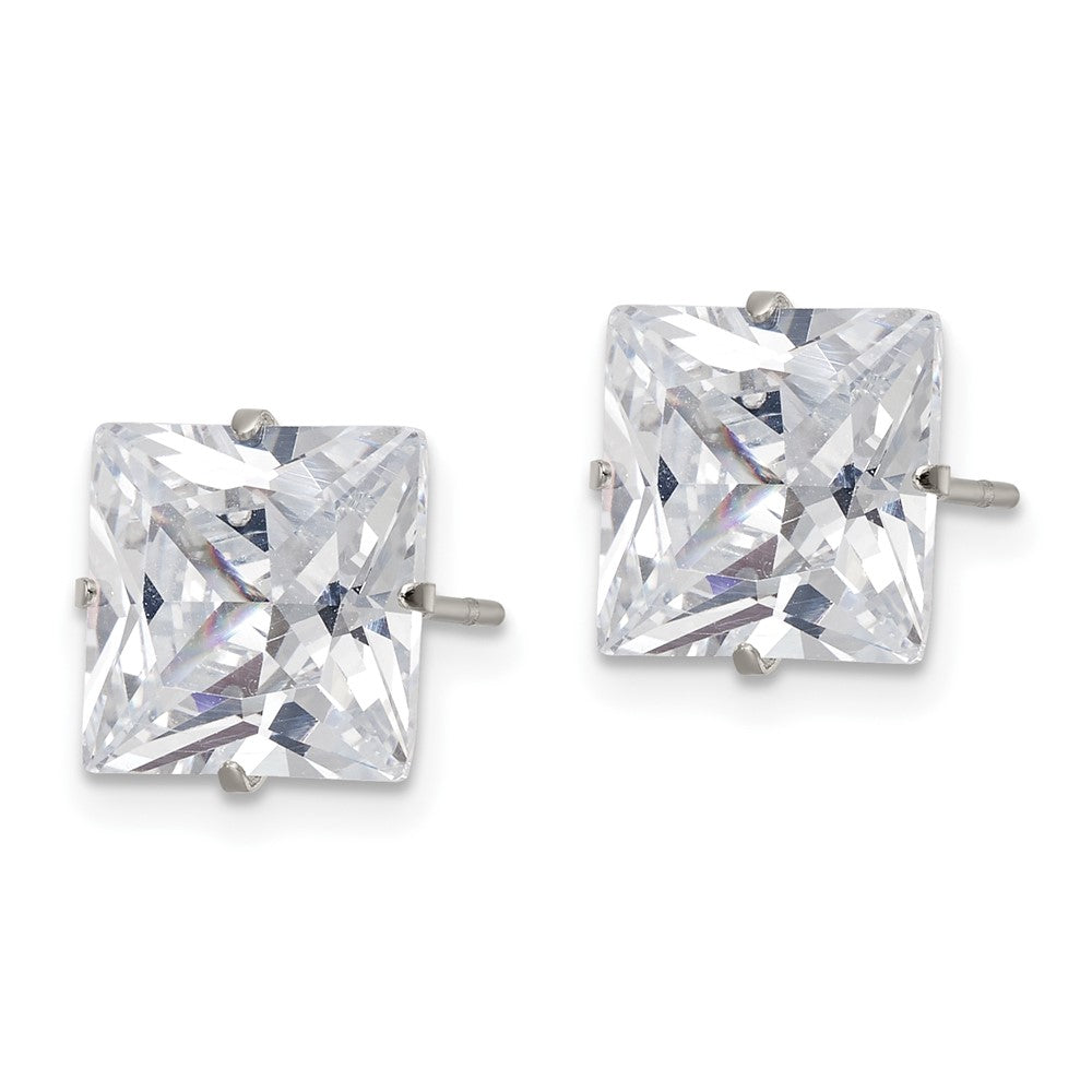 SRE1105 Chisel Stainless Steel Polished 9mm Square CZ Stud Post Earrings