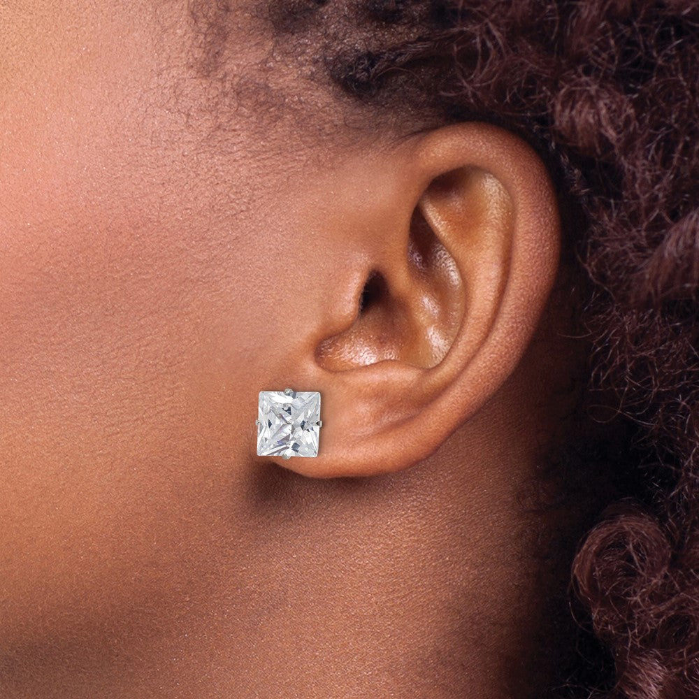 SRE1105 Chisel Stainless Steel Polished 9mm Square CZ Stud Post Earrings