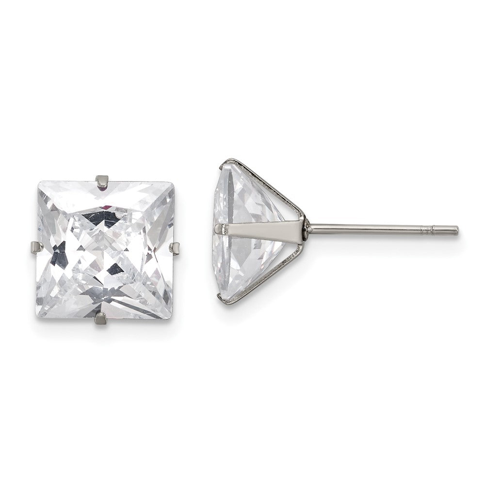 SRE1105 Chisel Stainless Steel Polished 9mm Square CZ Stud Post Earrings