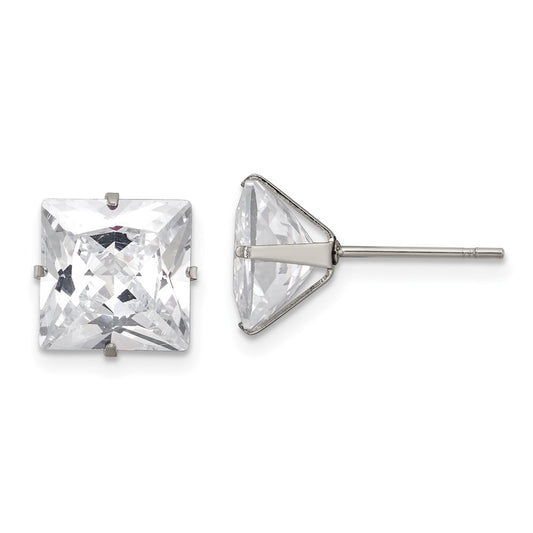 SRE1105 Chisel Stainless Steel Polished 9mm Square CZ Stud Post Earrings