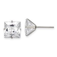 SRE1105 Chisel Stainless Steel Polished 9mm Square CZ Stud Post Earrings