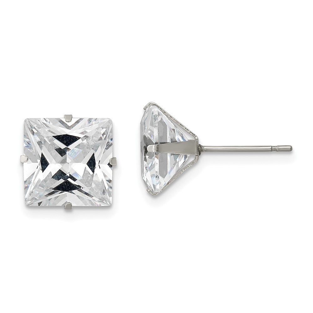 SRE1106 Chisel Stainless Steel Polished 10mm Square CZ Stud Post Earrings