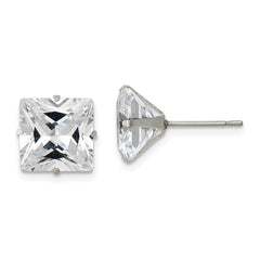 SRE1106 Chisel Stainless Steel Polished 10mm Square CZ Stud Post Earrings