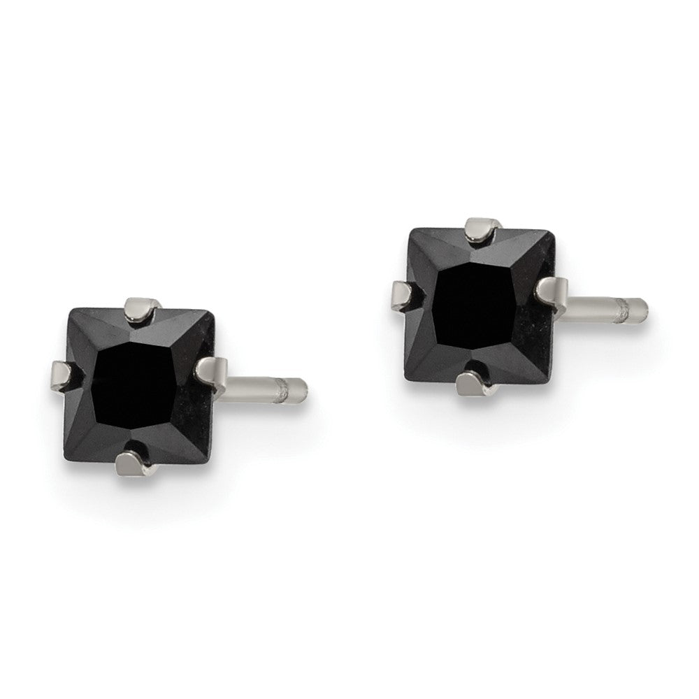 SRE1109 Chisel Stainless Steel Polished 4mm Black Square CZ Stud Post Earrings