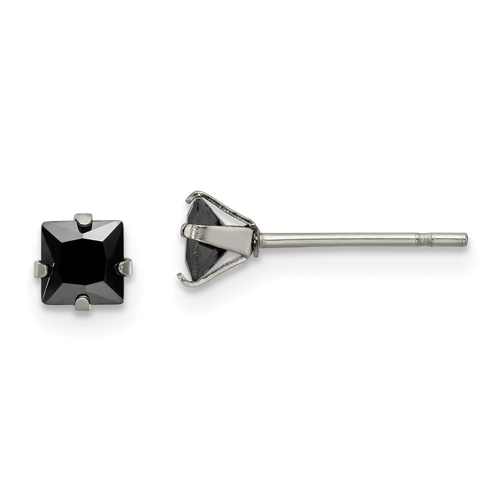 SRE1109 Chisel Stainless Steel Polished 4mm Black Square CZ Stud Post Earrings