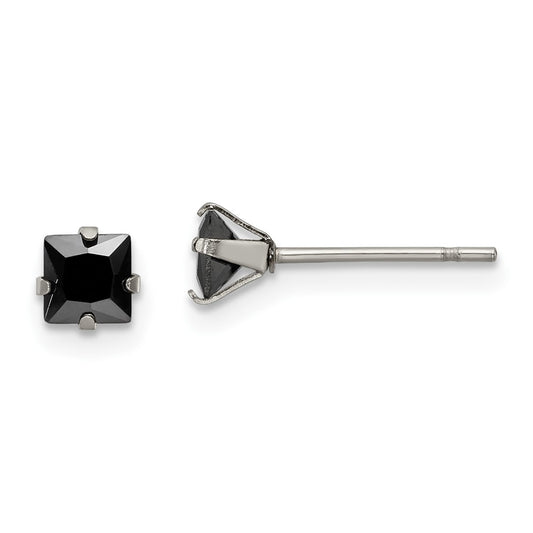 SRE1109 Chisel Stainless Steel Polished 4mm Black Square CZ Stud Post Earrings