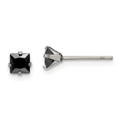 SRE1109 Chisel Stainless Steel Polished 4mm Black Square CZ Stud Post Earrings