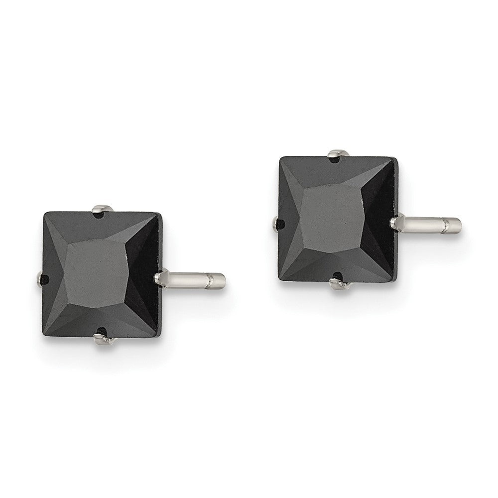 SRE1111 Chisel Stainless Steel Polished 6mm Black Square CZ Stud Post Earrings