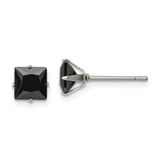 SRE1111 Chisel Stainless Steel Polished 6mm Black Square CZ Stud Post Earrings