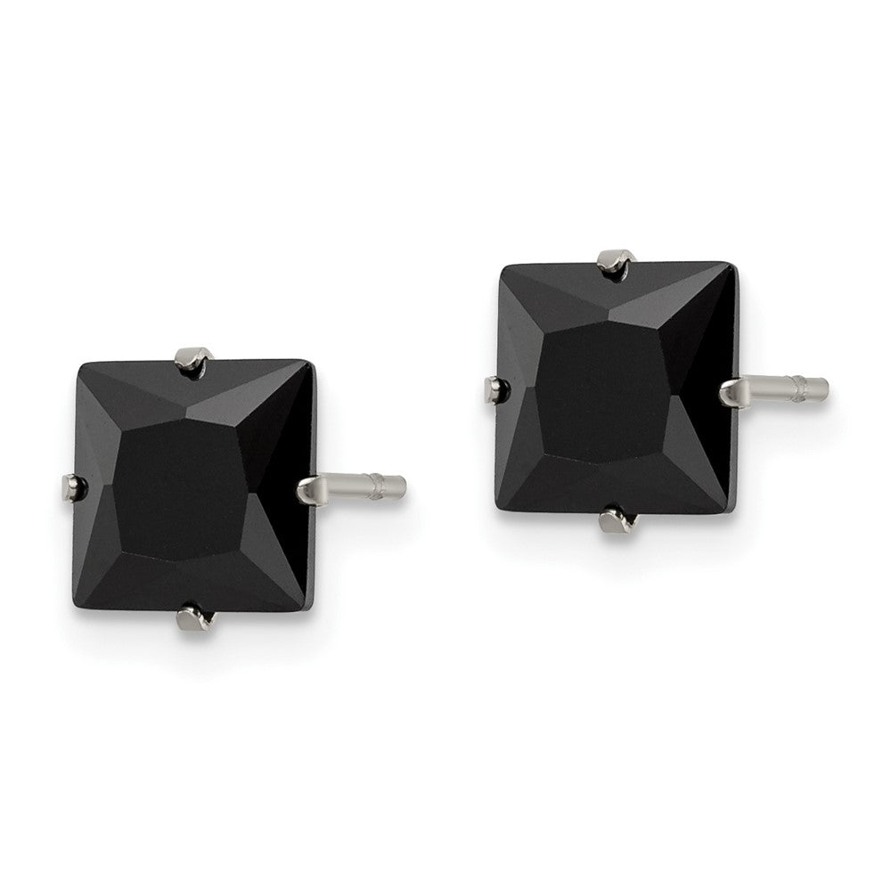 SRE1112 Chisel Stainless Steel Polished 7mm Black Square CZ Stud Post Earrings