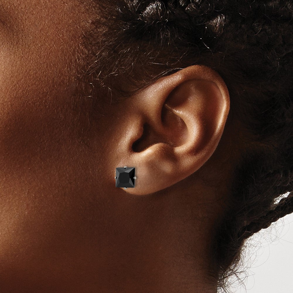 SRE1112 Chisel Stainless Steel Polished 7mm Black Square CZ Stud Post Earrings