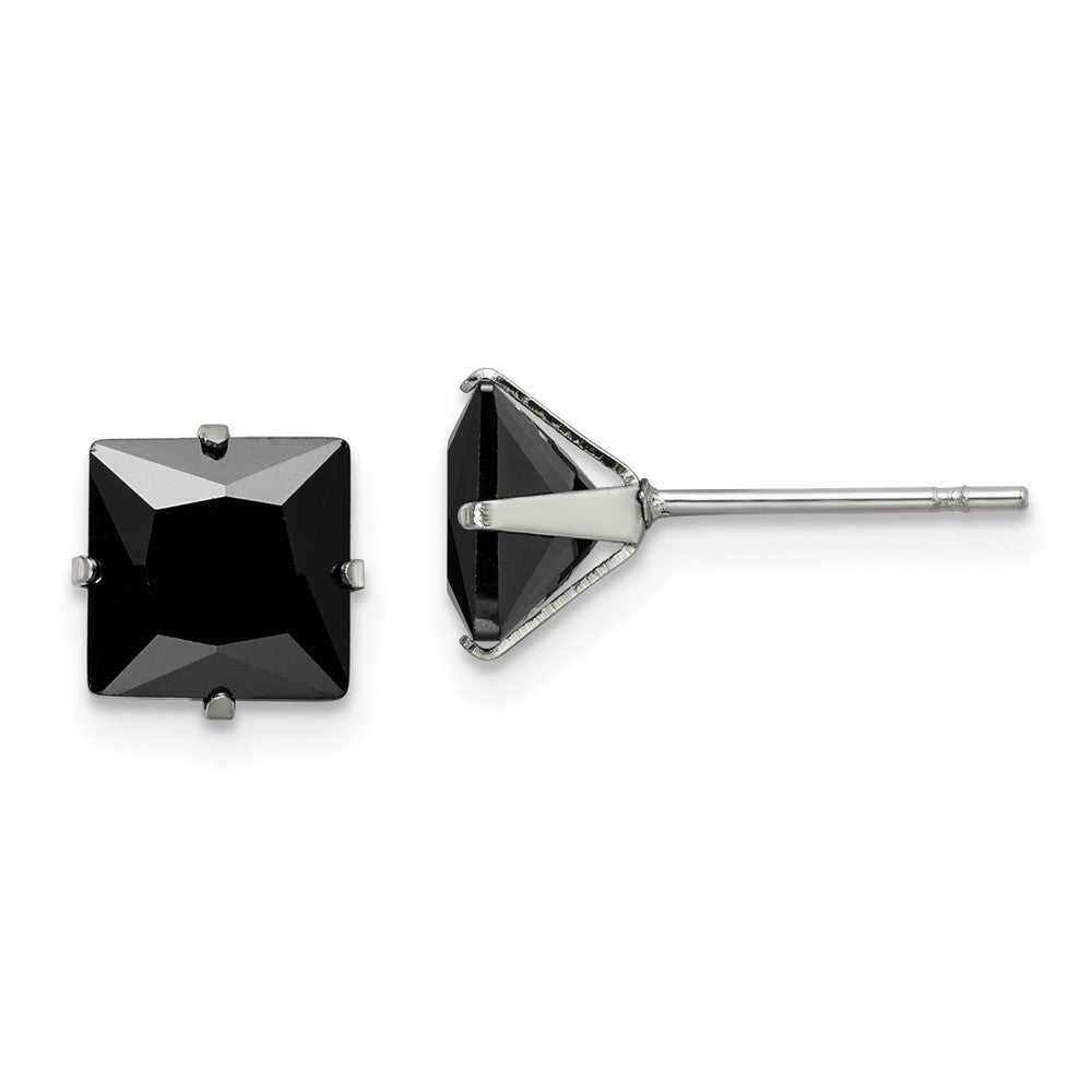 SRE1112 Chisel Stainless Steel Polished 7mm Black Square CZ Stud Post Earrings