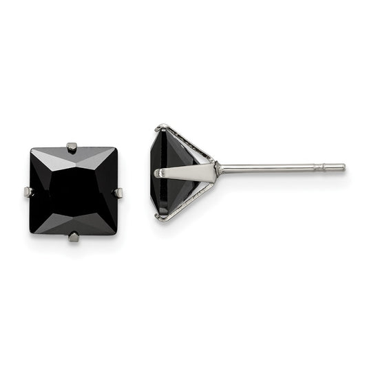 SRE1112 Chisel Stainless Steel Polished 7mm Black Square CZ Stud Post Earrings