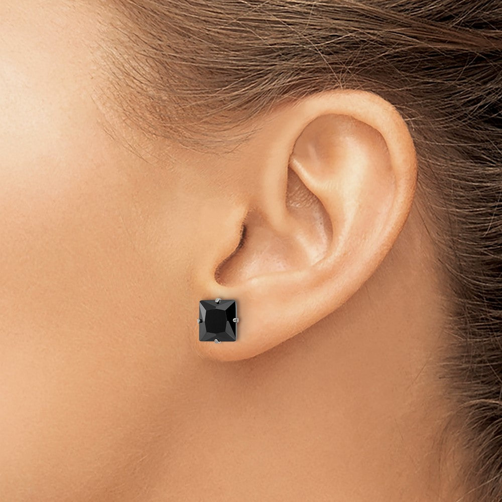 SRE1113 Chisel Stainless Steel Polished 8mm Black Square CZ Stud Post Earrings