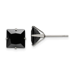 SRE1113 Chisel Stainless Steel Polished 8mm Black Square CZ Stud Post Earrings